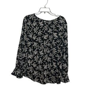 Talbots Floral Black and White Blouse Shirt Polyester Black tan Size Large